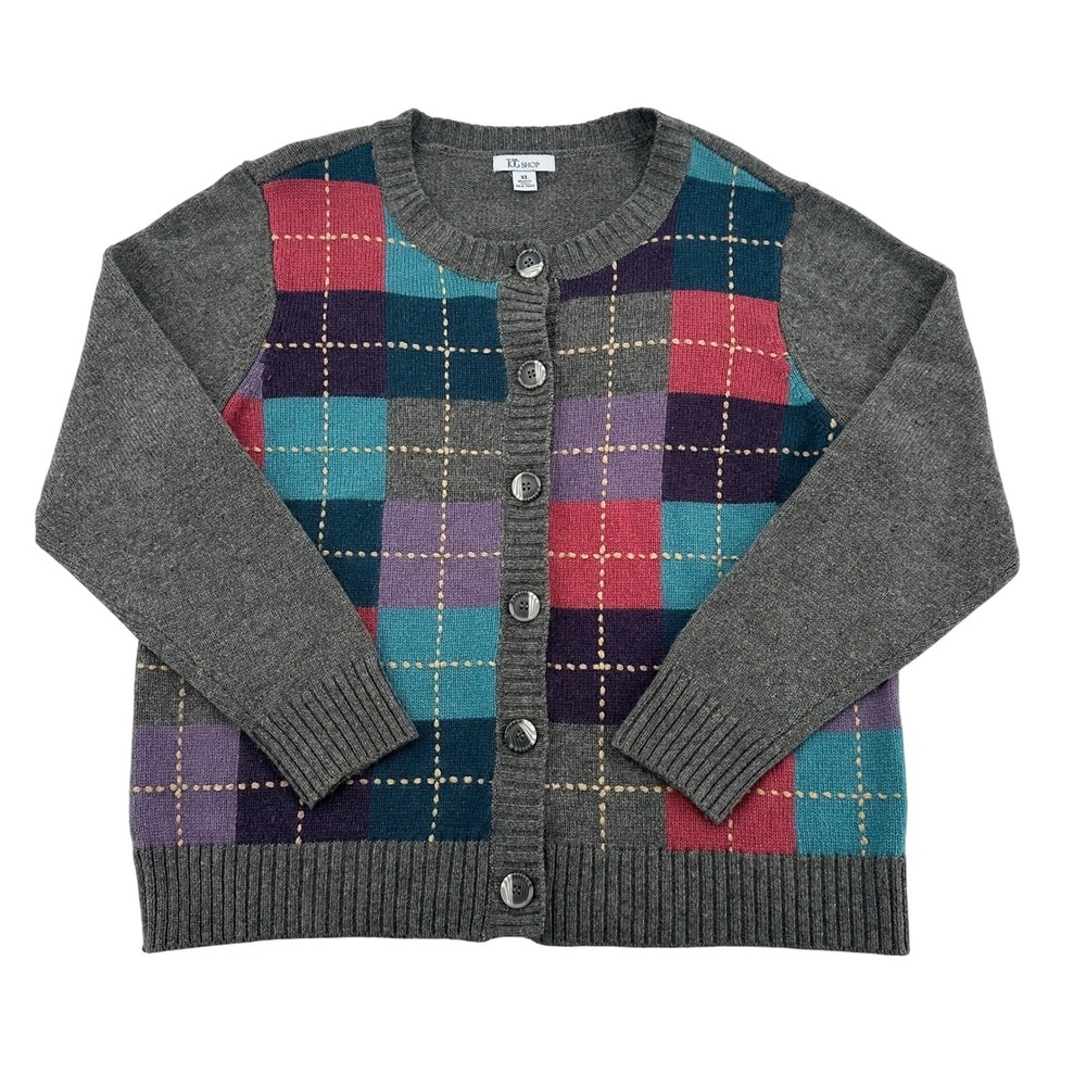 The Tog Shop Wool Blend Patchwork Cardigan Sweater Grey Multi Color Womens XL
